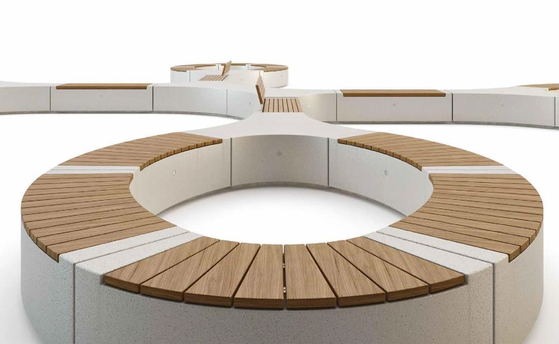Conjunto de bancas urbanas circulares Demetra Recto con acabado en madera.