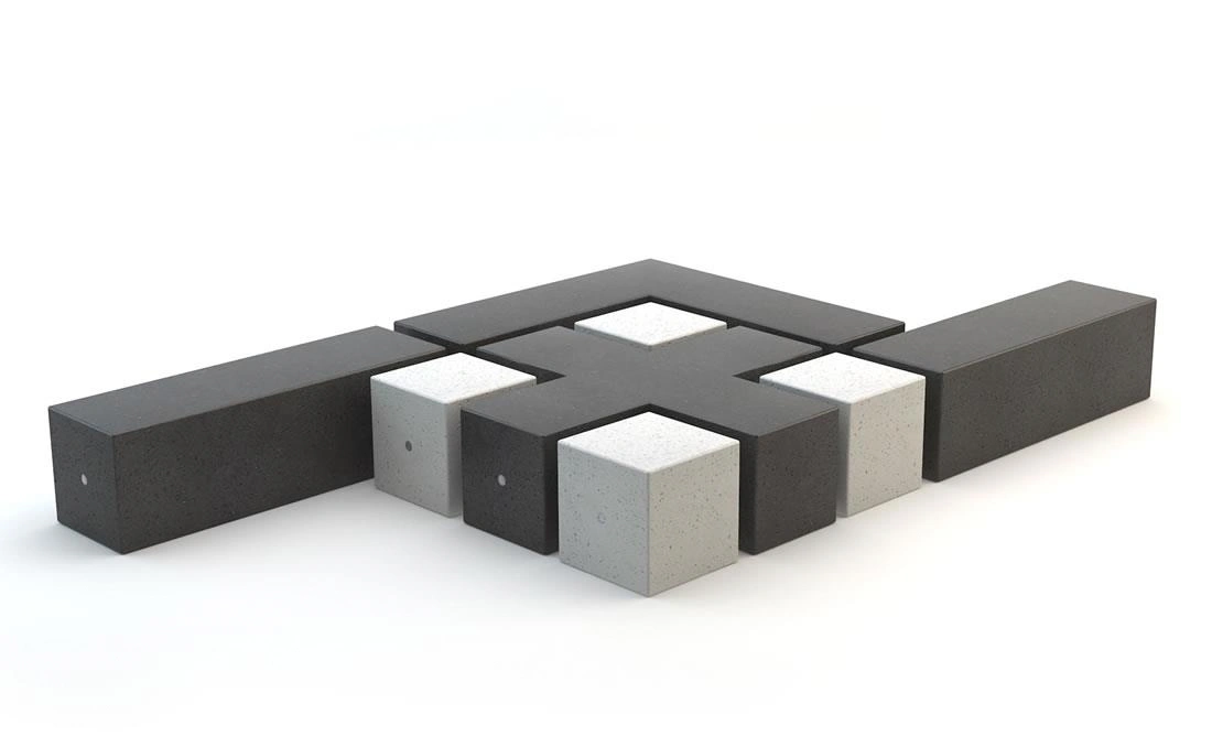 Conjunto de bancos Labyrinth en blanco y negro para mobiliario urbano.